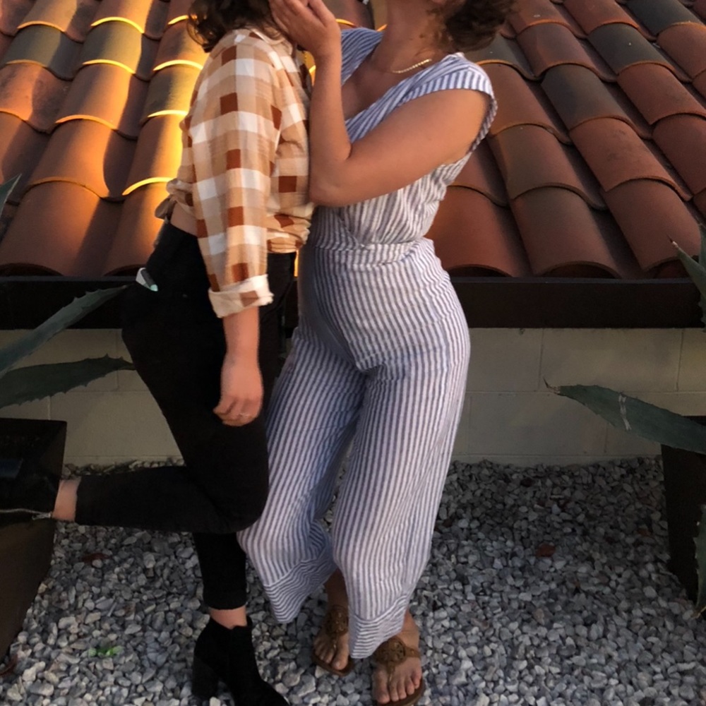 Emory Park blue & white striped linen jumpsuit